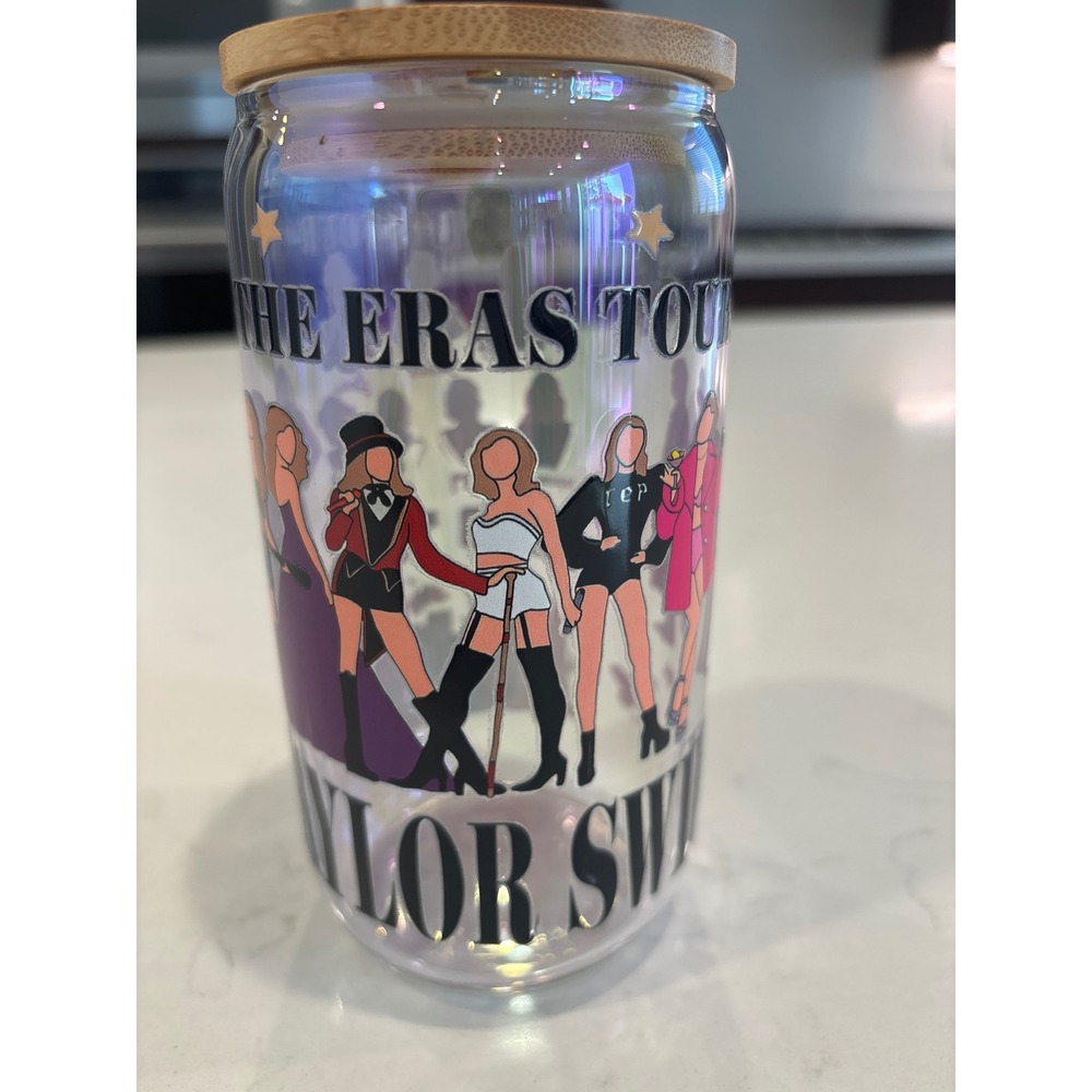 Taylor Swift Eras Tour Glass Can Tumbler Iridescent 16oz with Bamboo Lid Swiftie